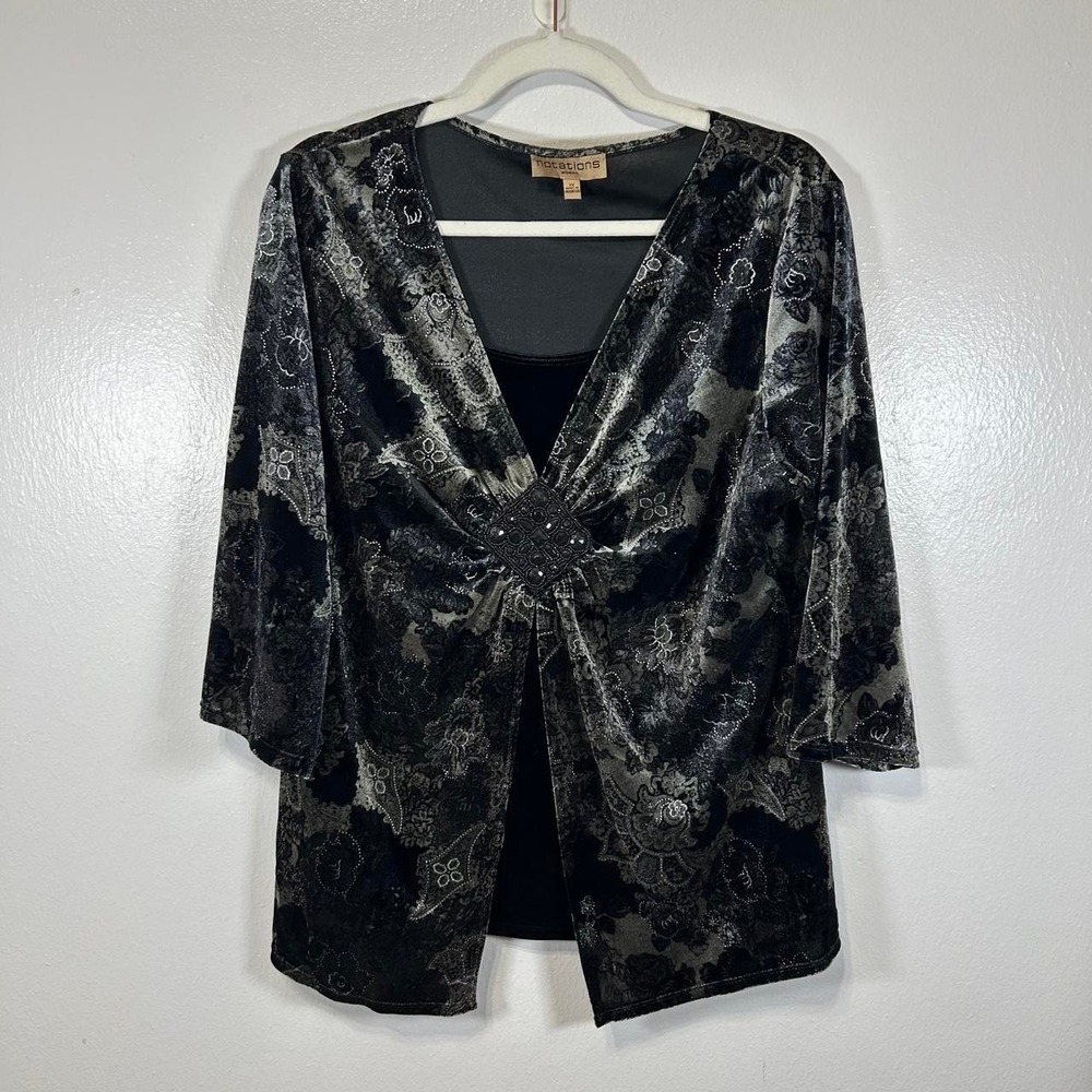 Y2K Velvet Floral‎ 3/4 Sleeve Embellished Top Whimsygoth Witchy Womens 1X